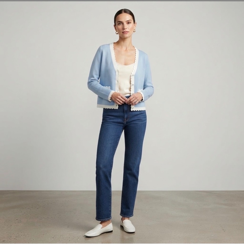 NVLT Cardigan Sweater Womens Small Blue Scalloped Trim Button Front Knit Top NEW